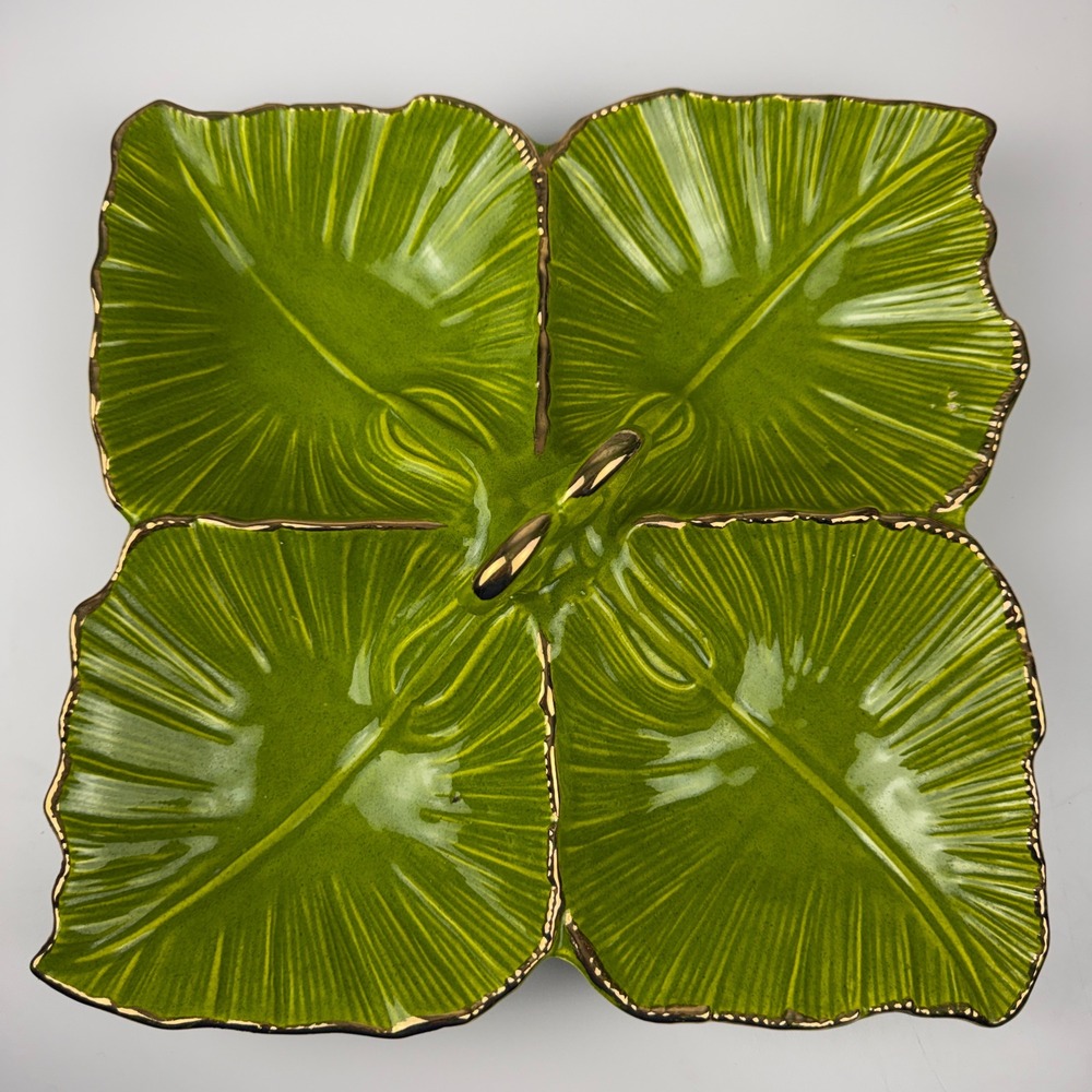 Vintage California Pottery Green Leaf Divided‎ Serving Tray Gold Trim USA